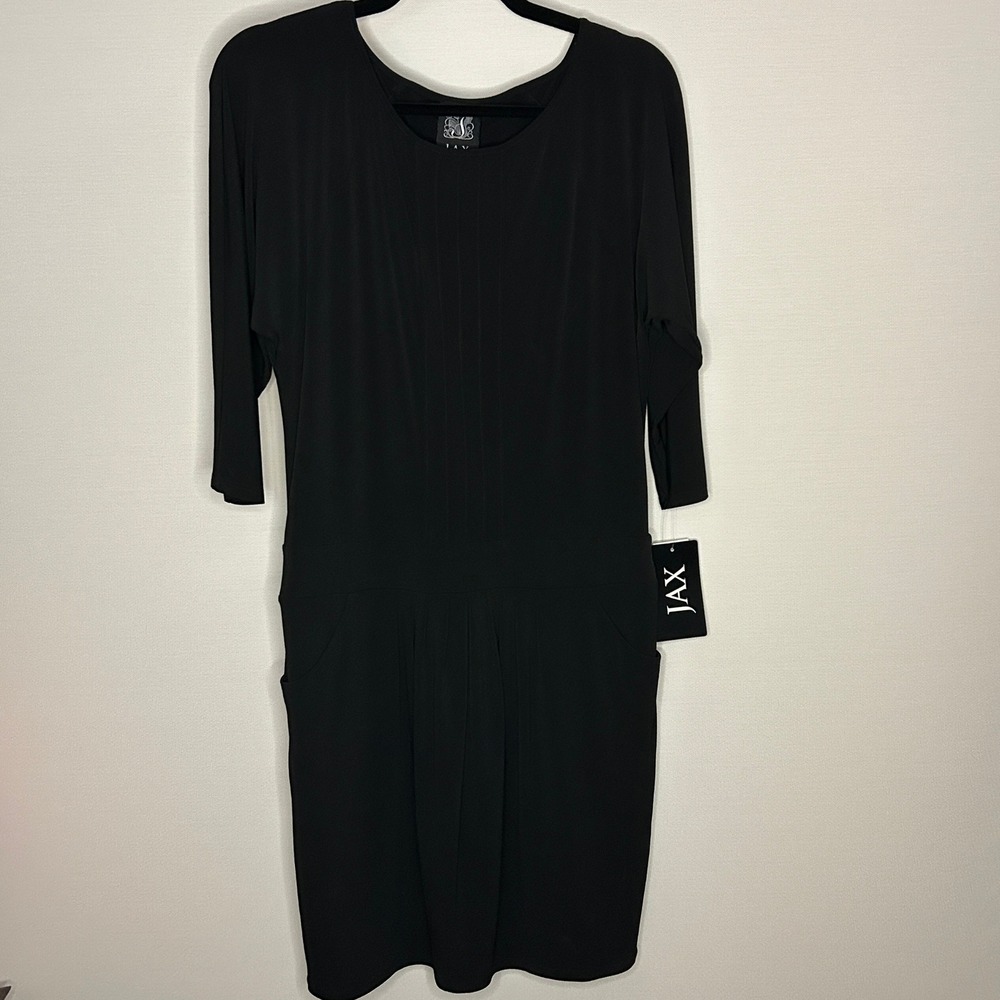 JAX Black Midi Dress Pull On Pockets 3/4 Sleeve Pleated Front‎ Womens Size 4 NWT